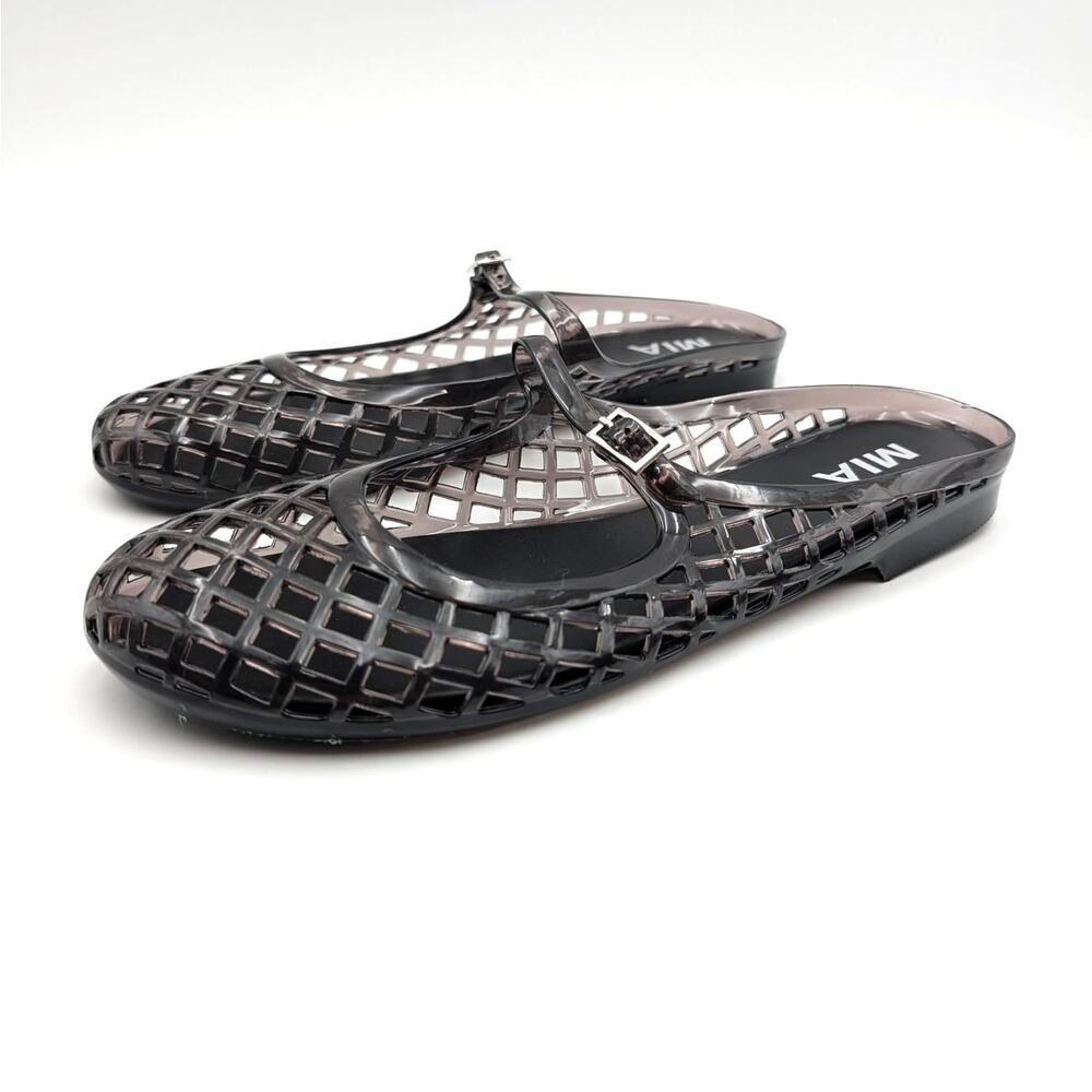 MIA Cherri Buckle Strap Jelly Flat Shoes Round Toe Women's Black Size US8M EU39